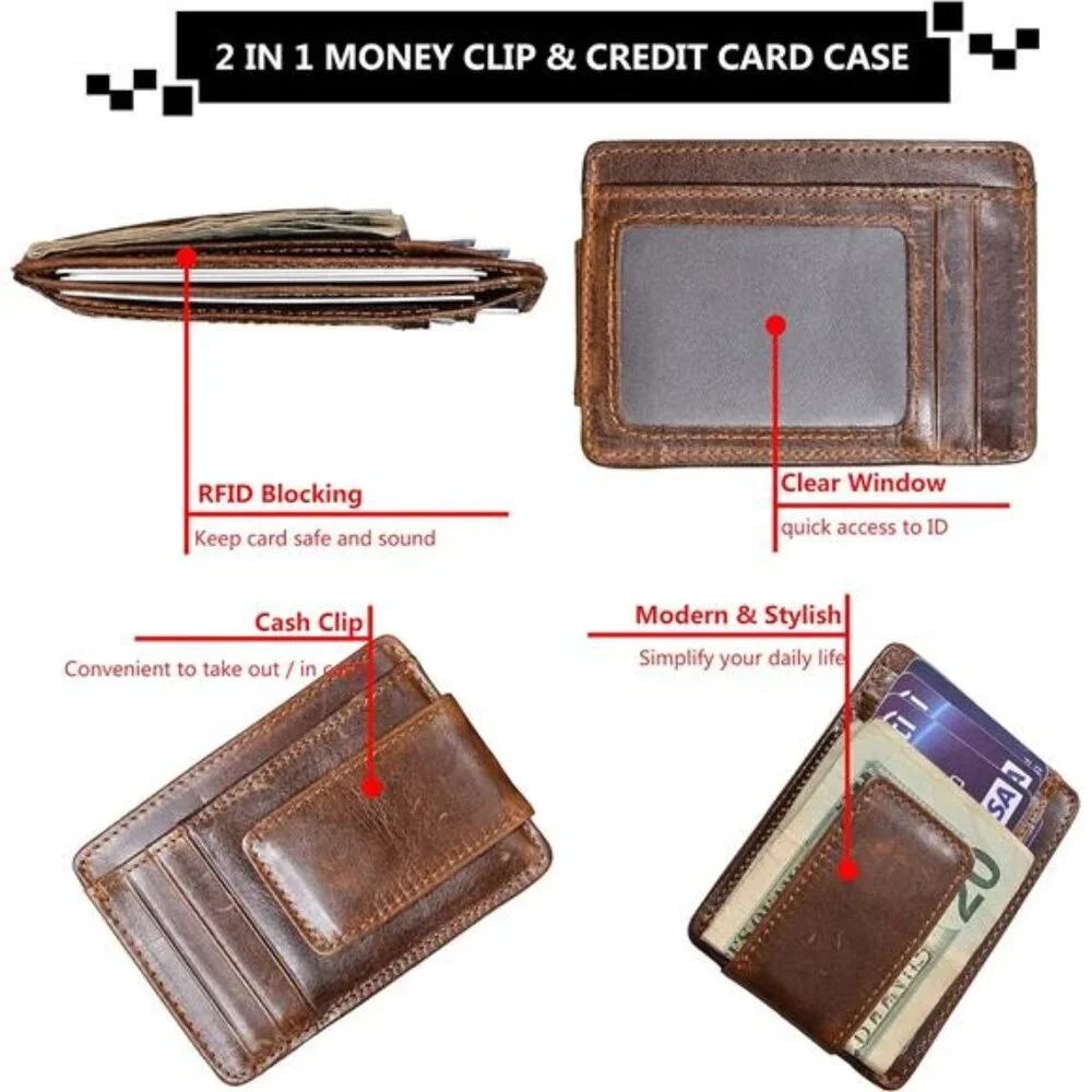 Money Clip RFID Front Pocket Wallet Men Leather Slim Minimalist Wallet,Brown‎